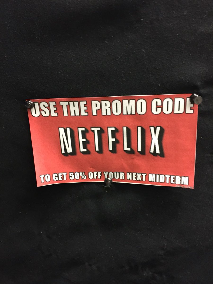 WhatIsOnNetflix's tweet image. &quot;Use the promo code &quot;Netflix&quot; to get 50% off your next midterm&quot;

HAHAHAHAHHAHAH