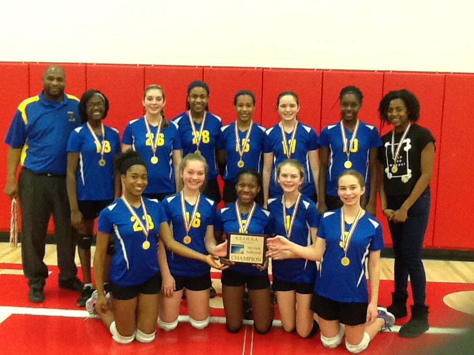 Parker's 8th grade girls volleyball team shows their SSJHSA championship plaque.