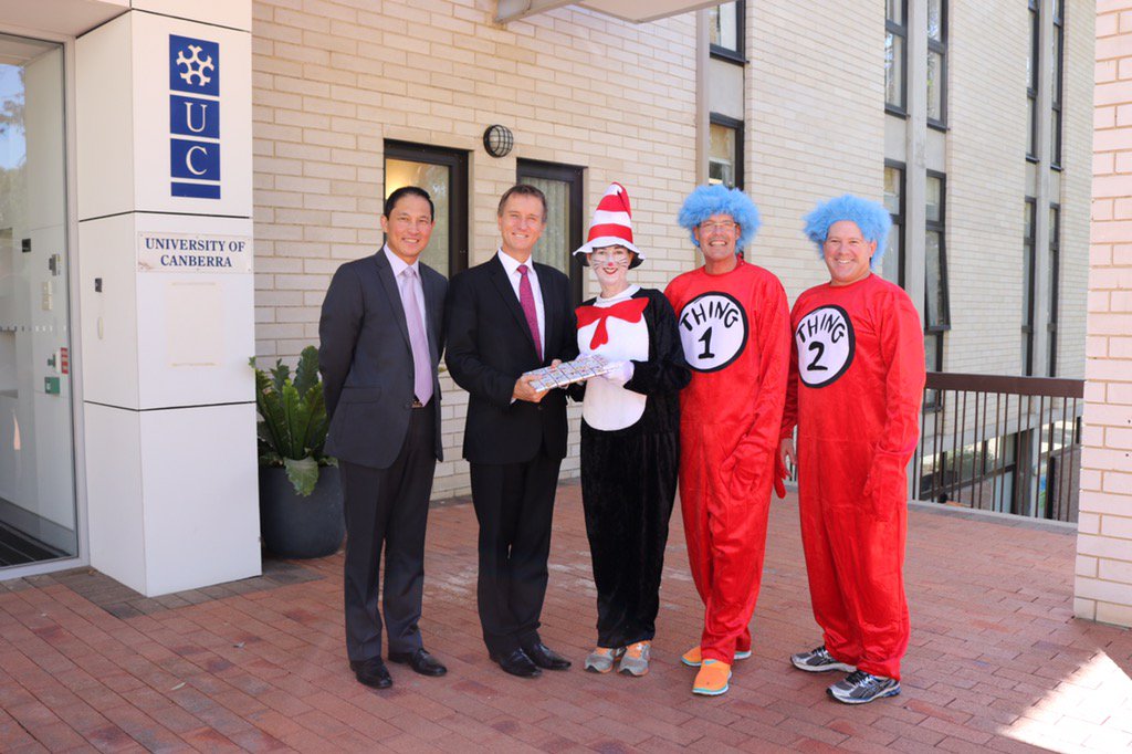 UniCanberra's tweet photo. Our @RadfordACT friends dropped by as Dr Seuss characters, part of their Reading Challenge walk to Parli House https://t.co/Pvmczc6B6p