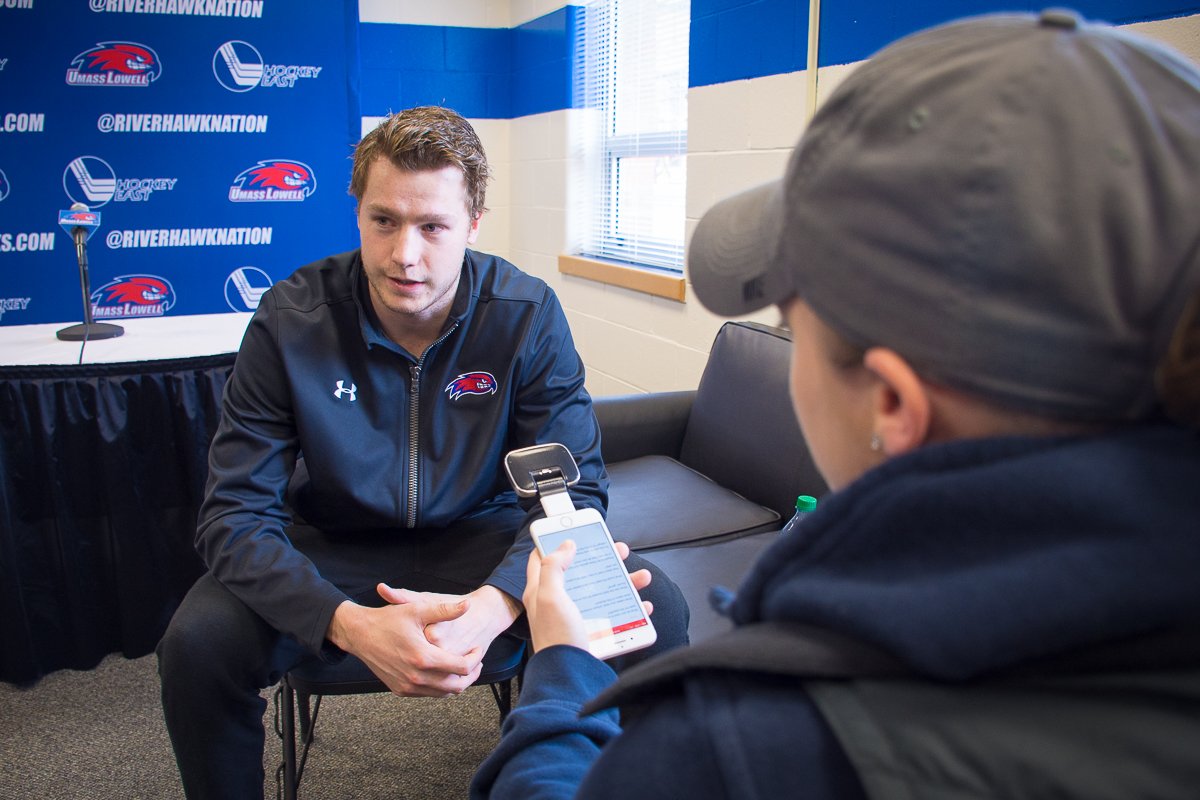 MCCcomartdesign's tweet photo. MCC COM #Radioproduction students interviewing UMass Lowell hockey players today. #mcc #middlesexcc #lowell https://t.co/BQ0THYidNf