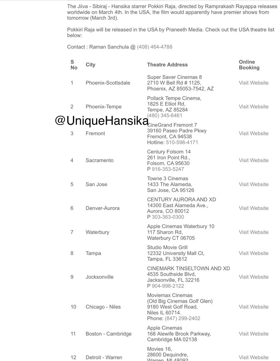 UniqueHansika's tweet image. Here you have the theatres list in USA screening #PokkiriRaja! Contact them for #PremiereShows bookings
@ihansika