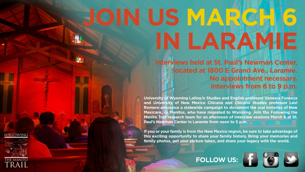 FollowManitoTrl's tweet photo. #Laramie Hispanics! Is your family from Northern New Mexico? We want your stories. Join us this Sunday, Mar 6! https://t.co/WsW1FJCWzN