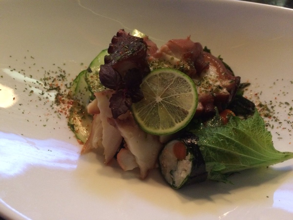 FullMoonsushisd's tweet photo. Tako (octopus) and shiso wrapped blue crab salad with cucumber &amp; nori. Delish! https://t.co/ozRH1uEKmG
