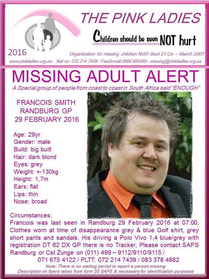PigSpotter's tweet photo. #ATT #MISSING Francois Smith from Randburg. 29 years old. Since 29 February. https://t.co/EJxd34GUNF