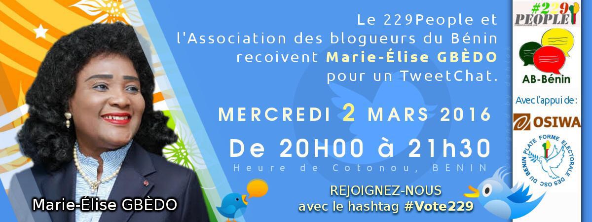 Nous recevrons avec <a href="/ab_benin/">Blogueurs du Bénin</a>  ce 2Mars sur <a href="/229People/">229People.||</a> madame <a href="/MarieEliseGbedo/">Marie-Elise GBEDO</a> candidate au <a href="/Vote_229/">Benin Vote</a> RT appréciés