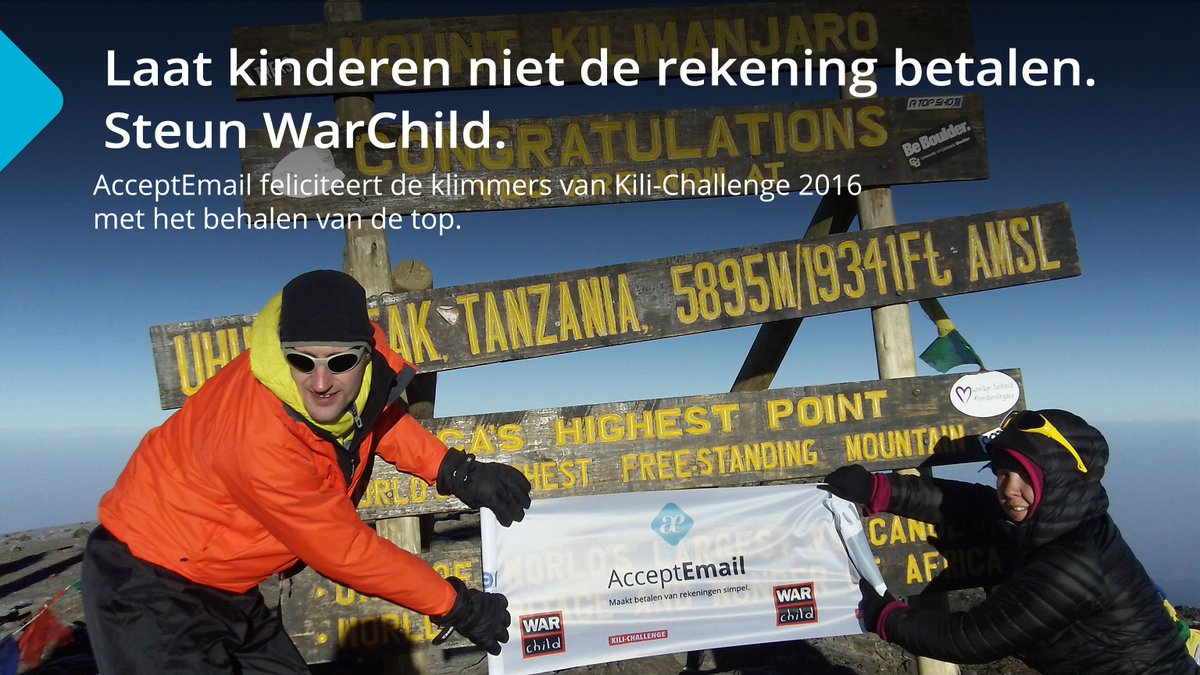 AcceptEasy's tweet photo. Een prestatie van formaat! #AcceptEmail is trots op de klimmers van de #WarChildHolland Kili-Challenge 2016. https://t.co/xpnt7Of5oJ