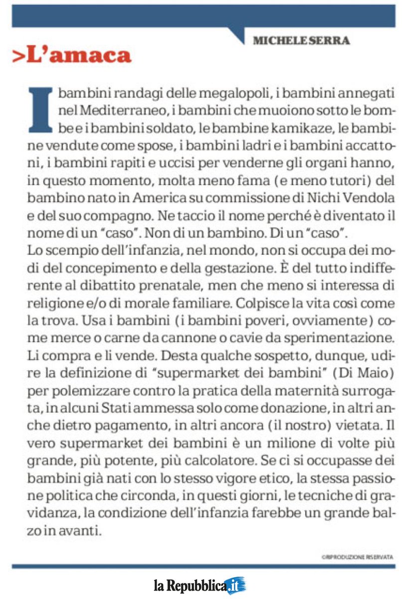 I diritti dell'infanzia non si limitano alle tecniche di gravidanza. L'Amaca di MICHELE SERRA di oggi