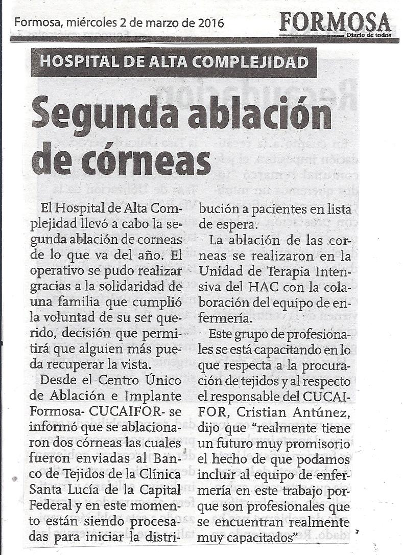 Segunda ablación de córneas - Diario "Formosa" Miércoles 2 de Marzo 2016