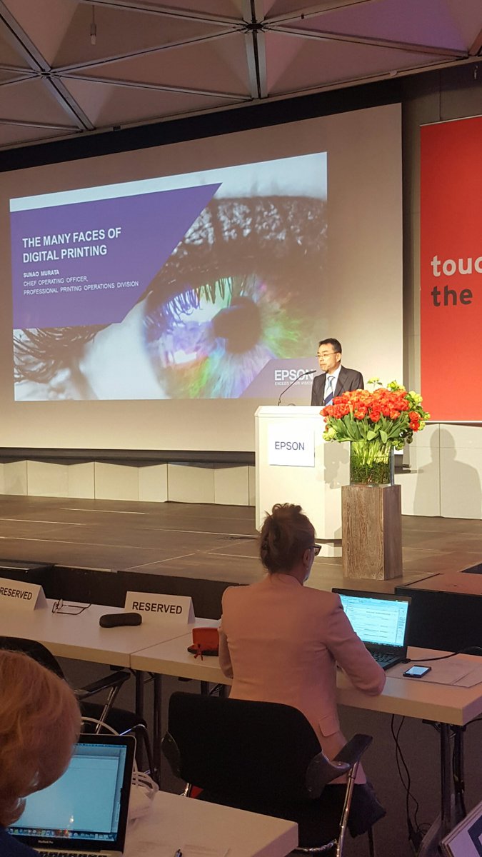 EpsonUK's tweet image. “Compact,precise &amp;amp;energy saving define Epson’s product development for production printing”COO Sunao Murata #drupamc