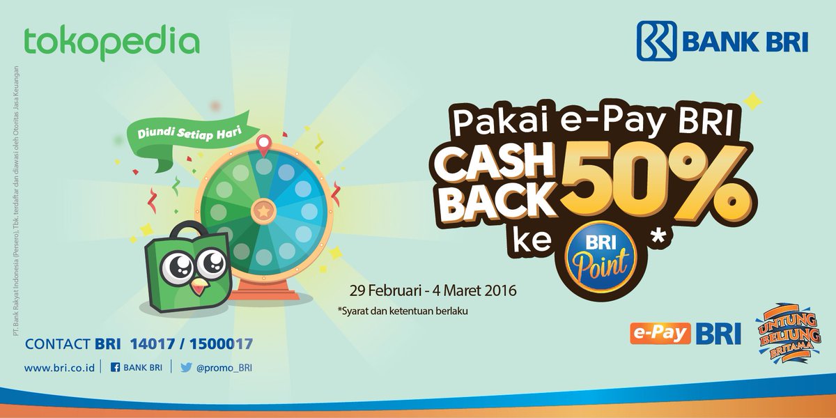 Cuma dengan ePay BRI, Sahabat BRI bisa belanja di Tokopedia dan mendapatkan cashback 50% dlm bentuk BRI Point