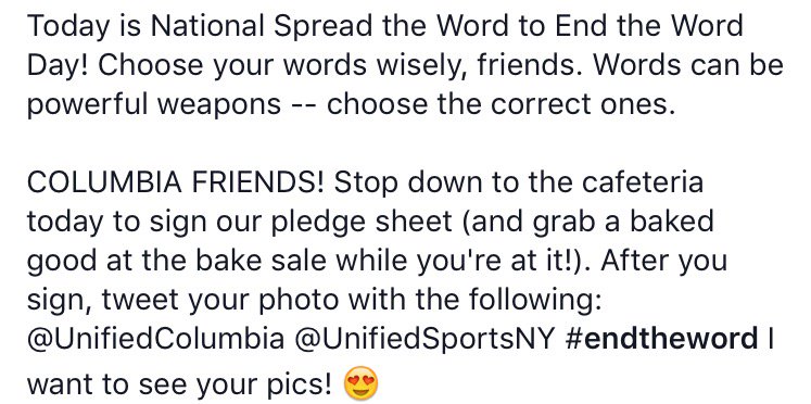 MrsDyerCHS's tweet photo. Spread the Word to End the word! @UnifiedColumbia @UnifiedSportsNY #endtheword https://t.co/GfVppcxwVi Retweet this! https://t.co/0vIyhCoex6