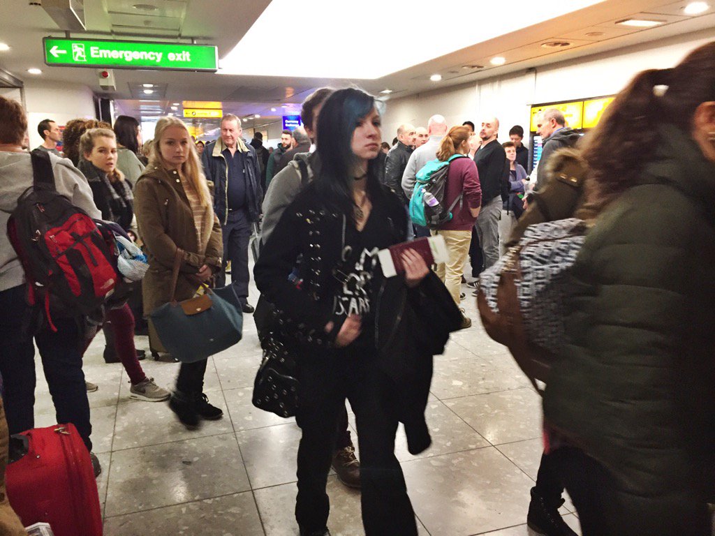 TayahHoward's tweet photo. Evacuation @HeathrowAirport,  emergency exits closed and not one staff member communicated. #communicationplease https://t.co/Qta83Z1WBm