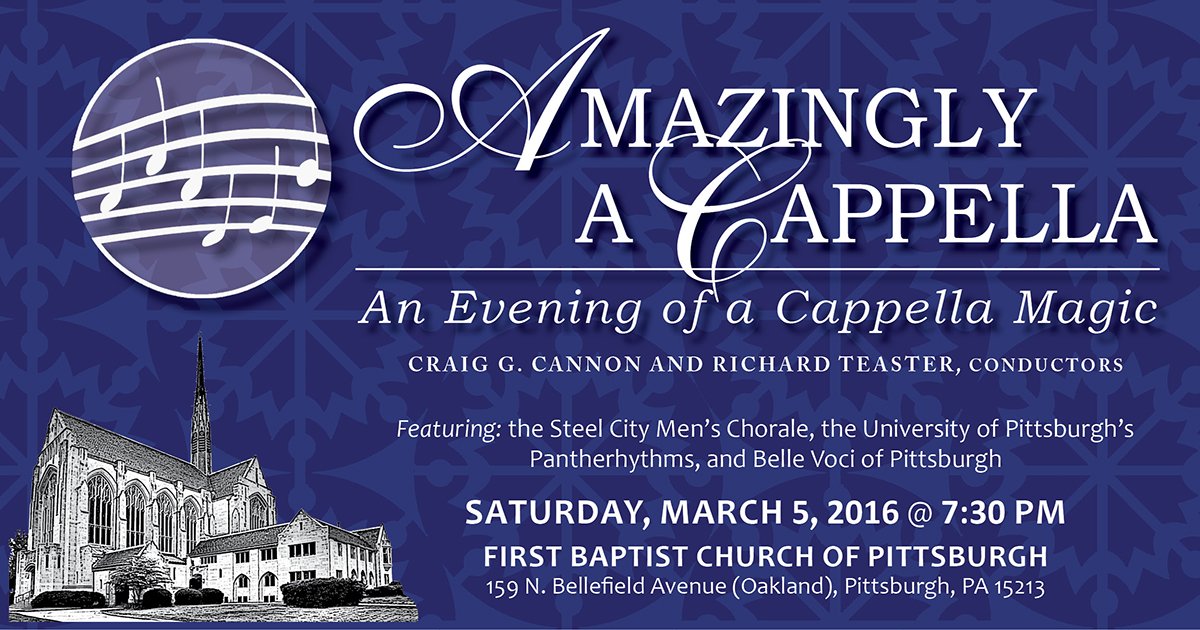 This Sat., Mar. 5 - <a href="/bellevoci/">Belle Voci</a> w/ <a href="/SCMChorale/">SteelCityMensChorale</a> at 1st Baptist Church - Oakland 7:30p Tickets bellevocipgh.com