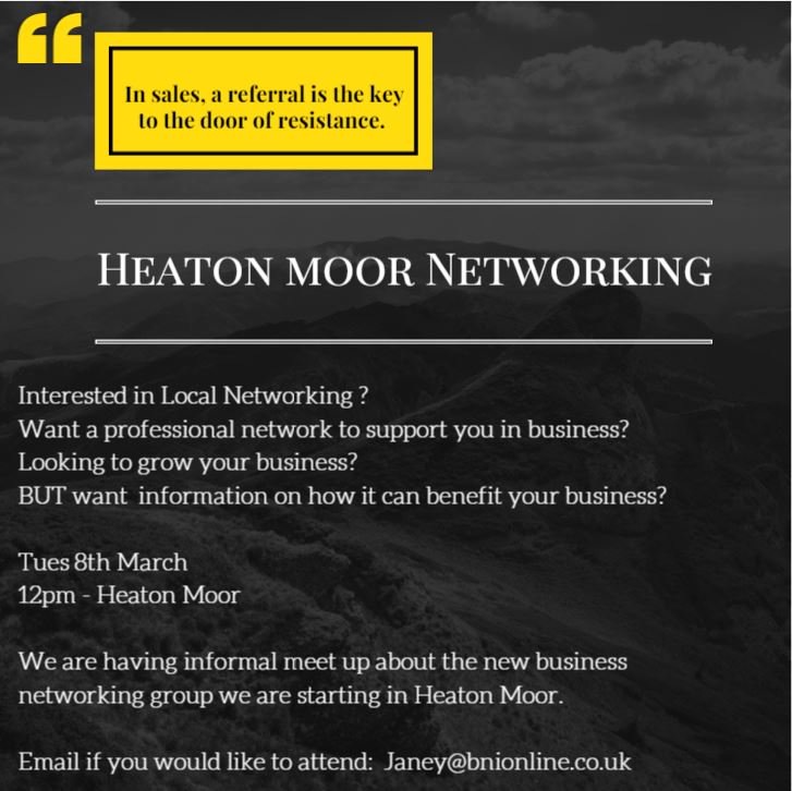 4HeatonsHour's tweet photo. New Exciting Opportunity for Businesses in #HeatonMoor - A #BNI networking group is starting!  Worth a visit https://t.co/JzwpSagNY2