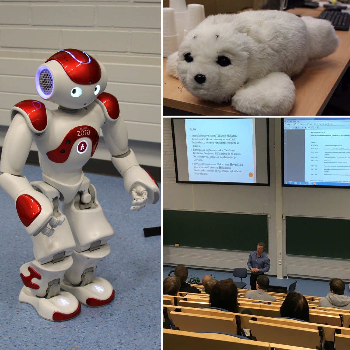 kamkRnD's tweet photo. Today @KajaaniAMK hosted care #robotics seminar, introducing Zora and Paro robots #innovation #RnD #robotiikka https://t.co/X0ytrMzRnE