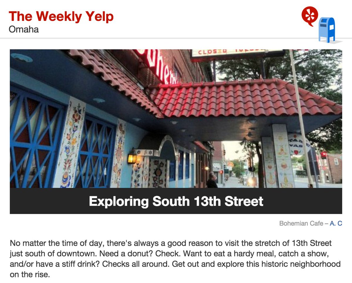 WEEKLY YELP: Exploring South 13th Street, sponsored by <a href="/Bach_Omaha/">Omaha Bacchanalian</a>. yelp.com/weekly_yelp/9P… #Omaha