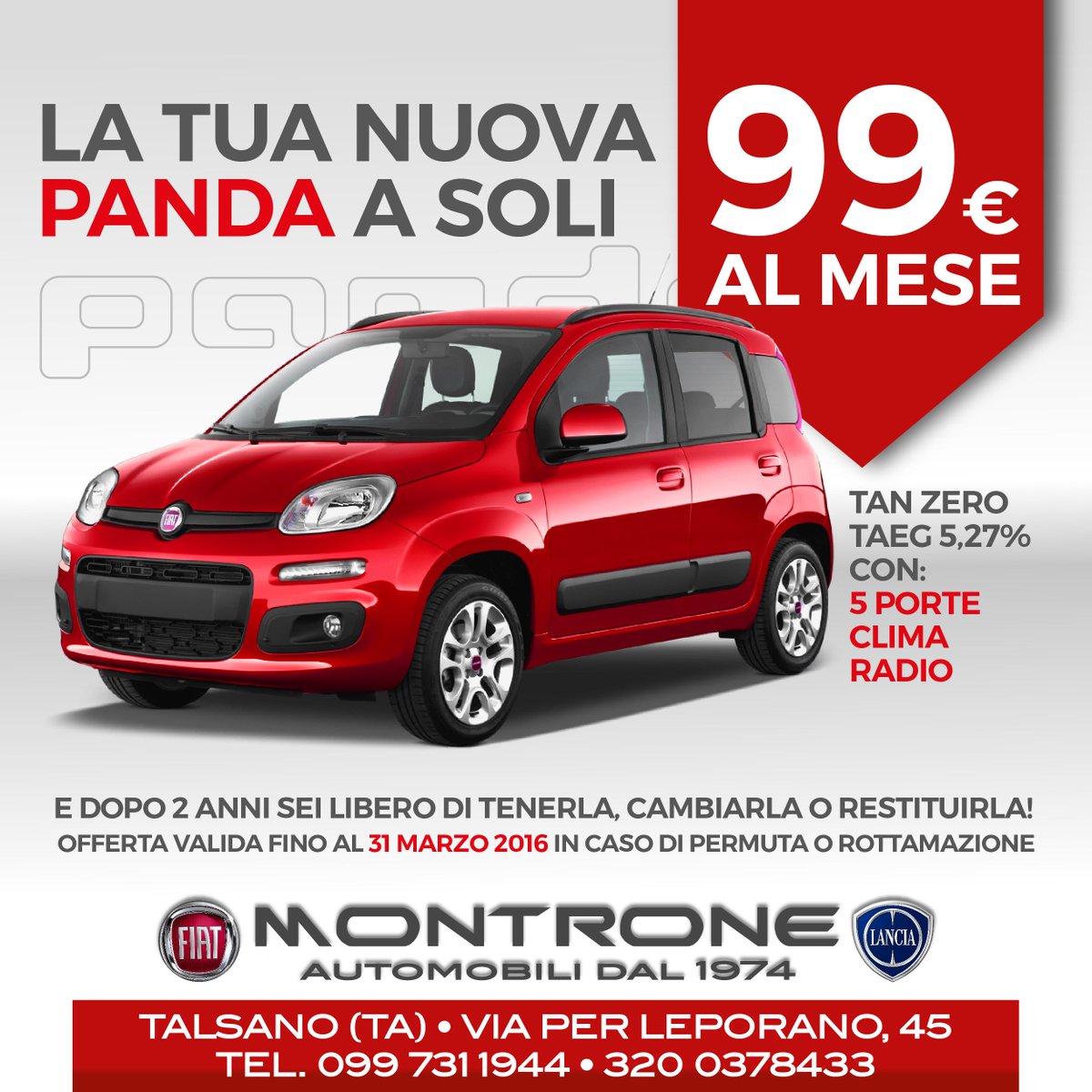 MontroneAuto's tweet image. Cosa compri con 99 euro al mese? La tua nuova #Fiat #Panda! 
con 5 porte, clima e radio #montroneAuto #Taranto
