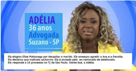 patticastro's tweet photo. Essa é a Adélia... Que vai sair com rejeição desse #BBB #ForaAdélia #BBB16 #Foraintrigueira #RedeGlobo #Apiordetodas https://t.co/YzR68xSods