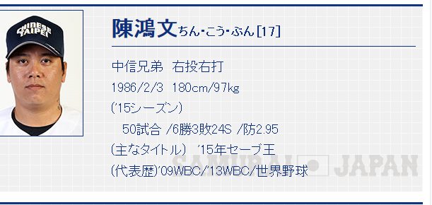 世界の野球 13年wbcで陳鴻文 ちん こうぶん の鴻をあえてマイナーな読み方の おう と読むという謎の配慮を見せていたテレ朝ですが 今回中継するtbsの公式は普通に発音するつもりの模様 知らない人に説明するとこの人井端に打たれた方ね T Co