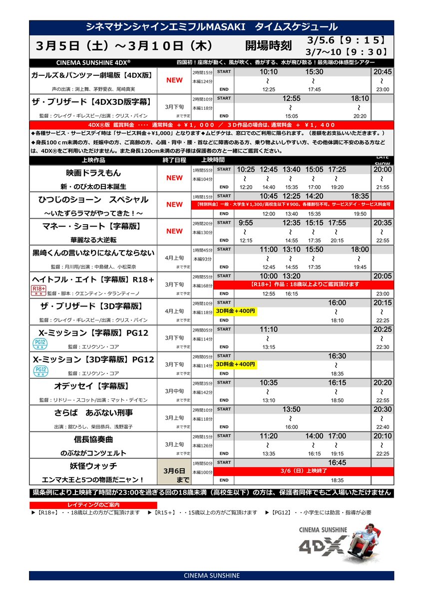 ট ইট র シネマサンシャイン 愛媛版 エミフルmasaki上映スケジュール 3 5 土 3 10 木 開場時間 3 5 6 9 15 3 7 10 9 30 映画ドラえもん 新 のび太の日本誕生 は大街道を除く県下csで3 5 土 公開 入プレもあります T Co Gm06gwpewr