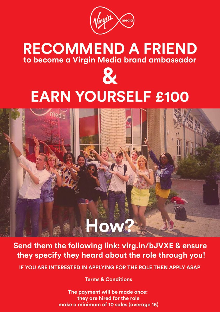 Got a mate that would be a good #VMBA ? Then recommend them for £100 👍

#VMBA2016 #VirginMedia #StudentJobs