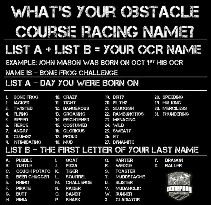 Bonefrog_'s tweet photo. What is your obstacle course name? Post it here loud and proud! Sincerely - Dirty Couch Potato https://t.co/6GpZtZUtnn