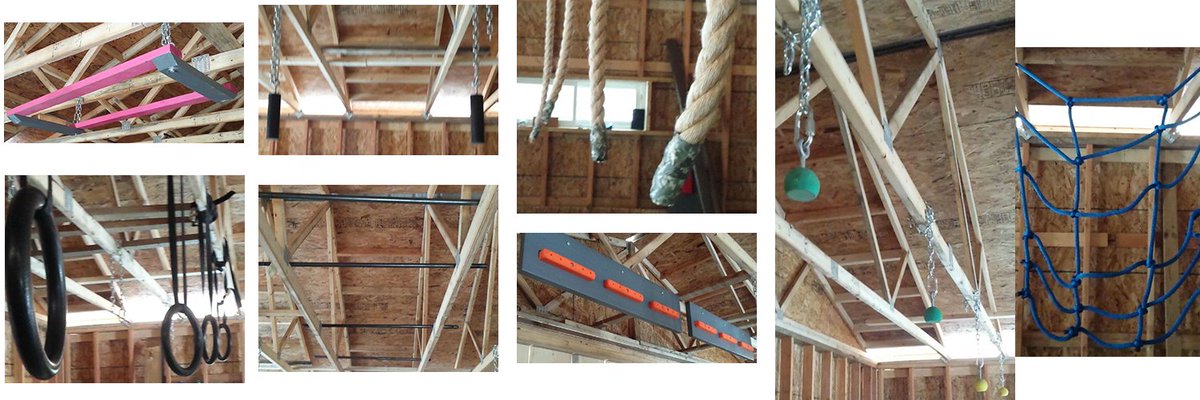 TheNinjaCabin's tweet photo. All the obstacles hung in the ninja cabin, 5 more just waiting to be installed #dreams #ANW2016 https://t.co/orTSWdmCRv