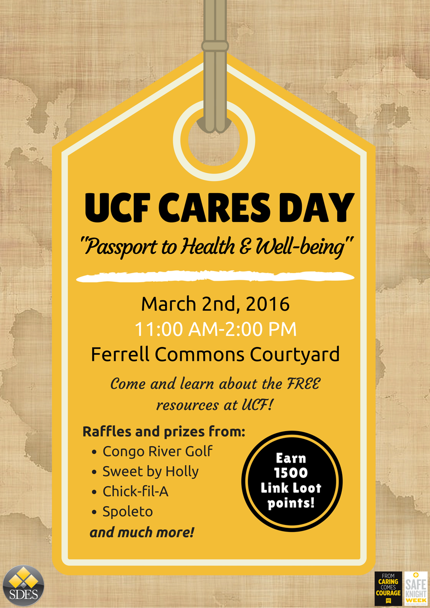 UCFHealthCenter's tweet photo. It's UCF Cares Day! Come to Ferrell Commons to learn about the free resources UCF can offer! #SafeKnightWeek https://t.co/WBri05FERS