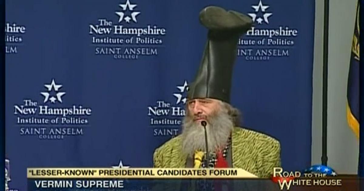 JuddLegum's tweet photo. When are Trump, Cruz, Rubio, Kasich and Carson going to drop out and quit siphoning off votes from Vermin Supreme https://t.co/ABynYUKV5Q