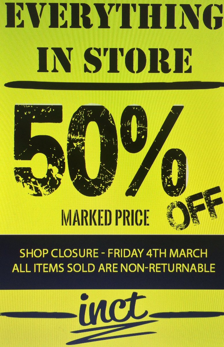 inctapparel's tweet photo. 50% OFF EVERYTHING IN STORE ONLY FROM NOW UNTIL FRIDAY. Come to Highcross in Leicester! #inct https://t.co/uwlXHFJX2W