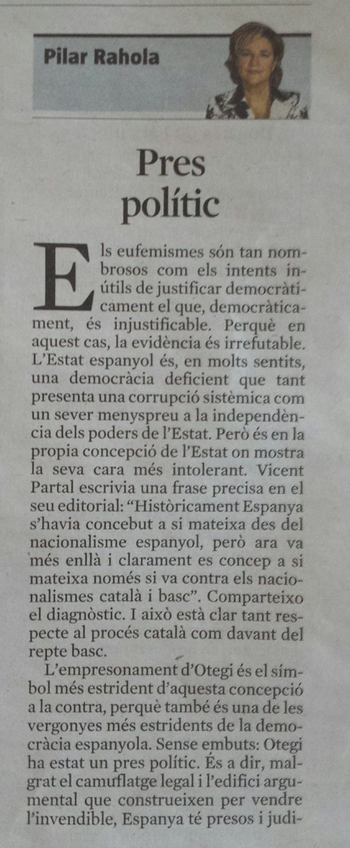 tinojm's tweet photo. .@RaholaOficial "Pres polític" @vpartal Espanya es concep a si mateixa només si va contra català i basc #FreeOtegui https://t.co/VJJeygzfwm