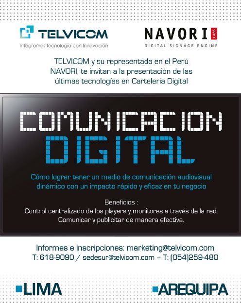 Telvicom's tweet photo. ¡Asiste a la presentación de las últimas tecnologías en #carteleríadigital! #DigitalSignageNavoriTelvicom https://t.co/gwKuL91LJg