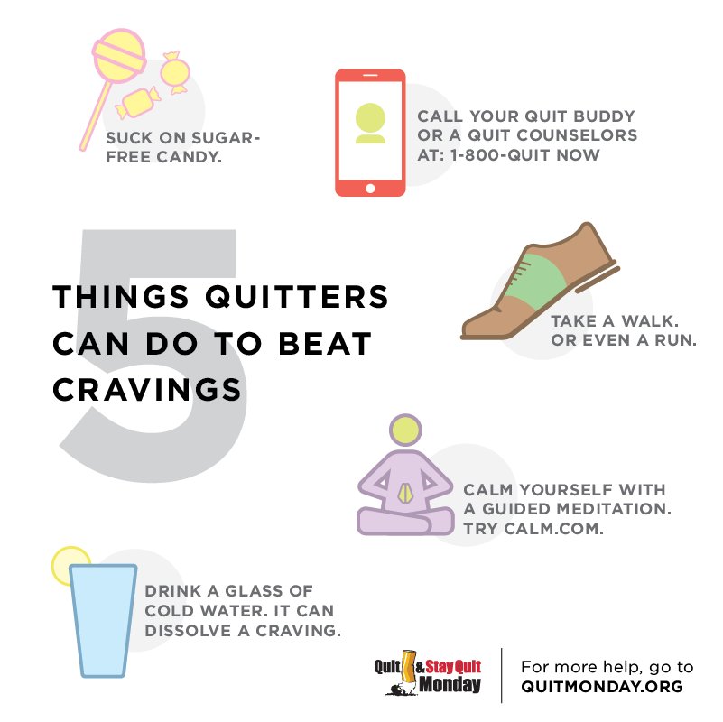 QuitMonday's tweet photo. Check out these 5 things you can do to beat cravings! Here are some more ideas: https://t.co/0CHFnww6B8 #QuitSmoking https://t.co/44SCmvqs5i