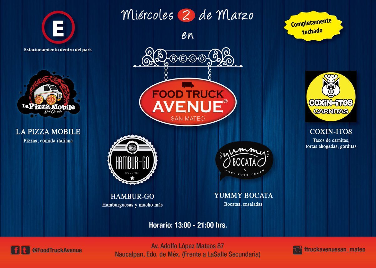 #FelizMiercoles hoy en <a href="/FoodTruckAvenue/">Food Truck Avenue</a> 4 restaurantes rodantes en un mismo lugar te esperamos a partir de las 13:00