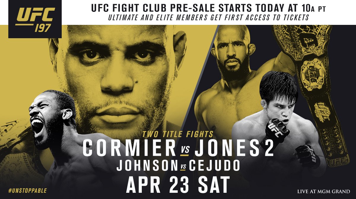 ufc's tweet photo. #UFC197 🎟 on sale TODAY for @UFCFIghtClub members! DC/Bones 2 | Mighty Mouse/Cejudo. 🔥🔥 👉 https://t.co/s91JE8VZh4 https://t.co/3ZmxSuvfR1