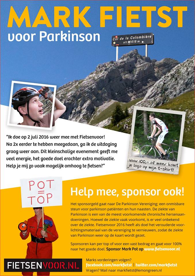 markfietst's tweet photo. 2 juli 2016 doe ik mee met @fietsenvoor! Sponsorgeld gaat 100% naar De Parkison Vereniging! https://t.co/ud3APIpf6G https://t.co/pqyfJC0XHW