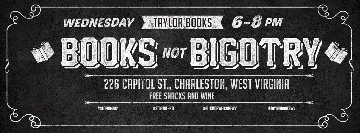 WVCAG's tweet photo. TONIGHT - get books not bigotry! https://t.co/84BNMzwOtx #wvlegis #stopHB4012 #stopthehate #allkindsarewelcomehereWV https://t.co/FtmPZzgIR8