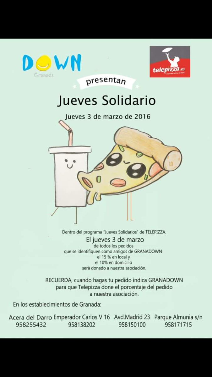 ProyectoPaxtu's tweet photo. Mañana es #JuevesSolidario en @telepizza_es.  Parte del dinero de tu pedido podrá ser donado a @GRANADOWN. https://t.co/ETyRBmChGr