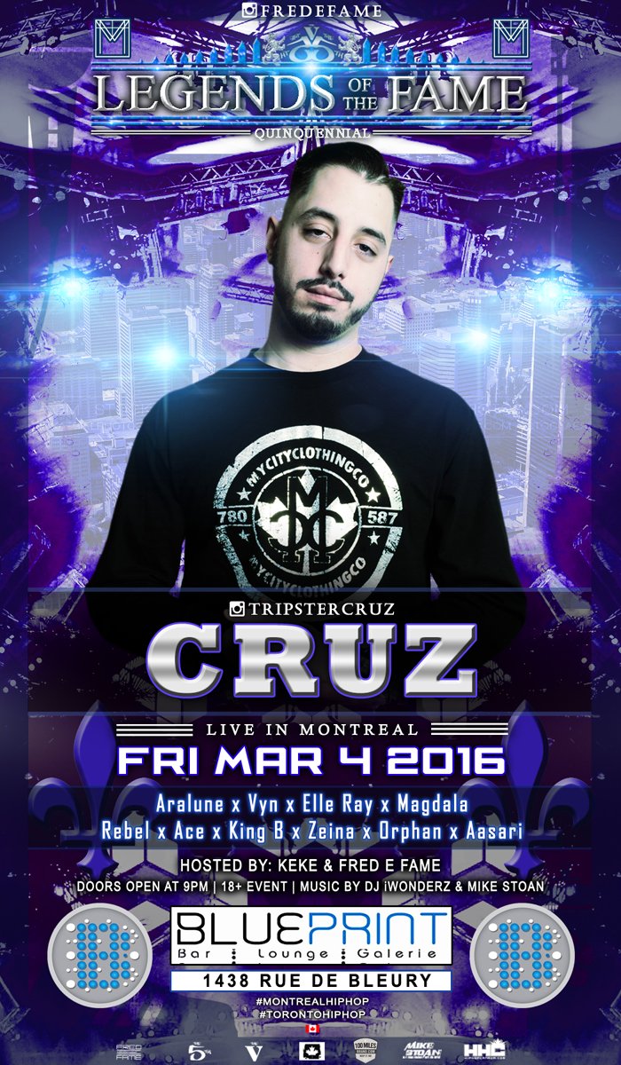 FredEFame's tweet photo. #LegendsoftheFame CRUZ Live in Montreal. Fri. Mar. 4 2016 #BluePrintLounge 1438 Rue De Bleury @tripstercruz https://t.co/Ta6fVjaJmV