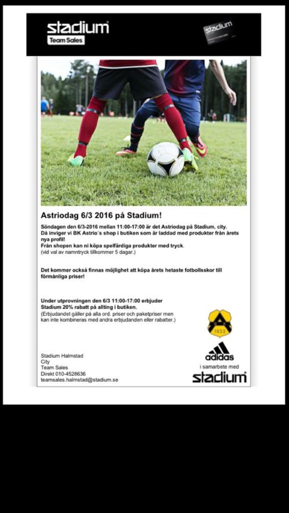 Glöm inte Astriodagen på Stadium på söndag mellan 11-17 då vår Astrio-shop invigs 👍⚽️👌 #bkastrio #söndrumsstolthet