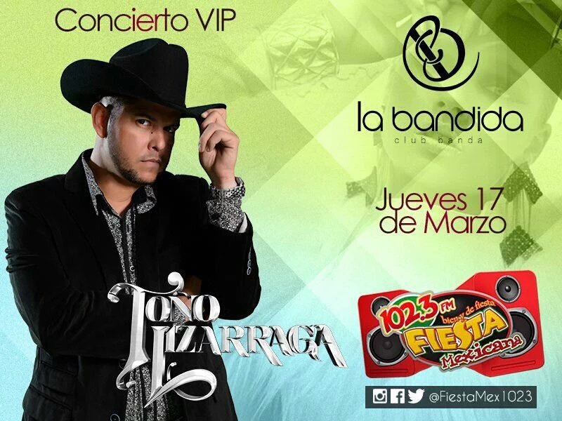 labestiafmleon's tweet photo. Están de regresos los #ConciertosVIP!!! @TonoLizarraga1 se presenta este 17 de marzo en @la_bandida +info al aire. https://t.co/V2kgIhAozV