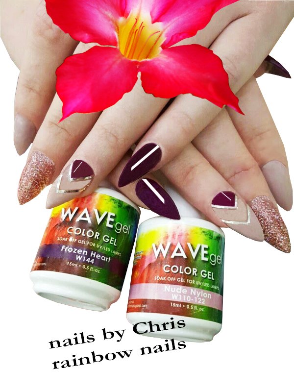WaveGel Matching Colors by Chris-rainbow nails New York. 
Color Name: Frozen Heart W144 &amp; Nude Nylon W110-122
