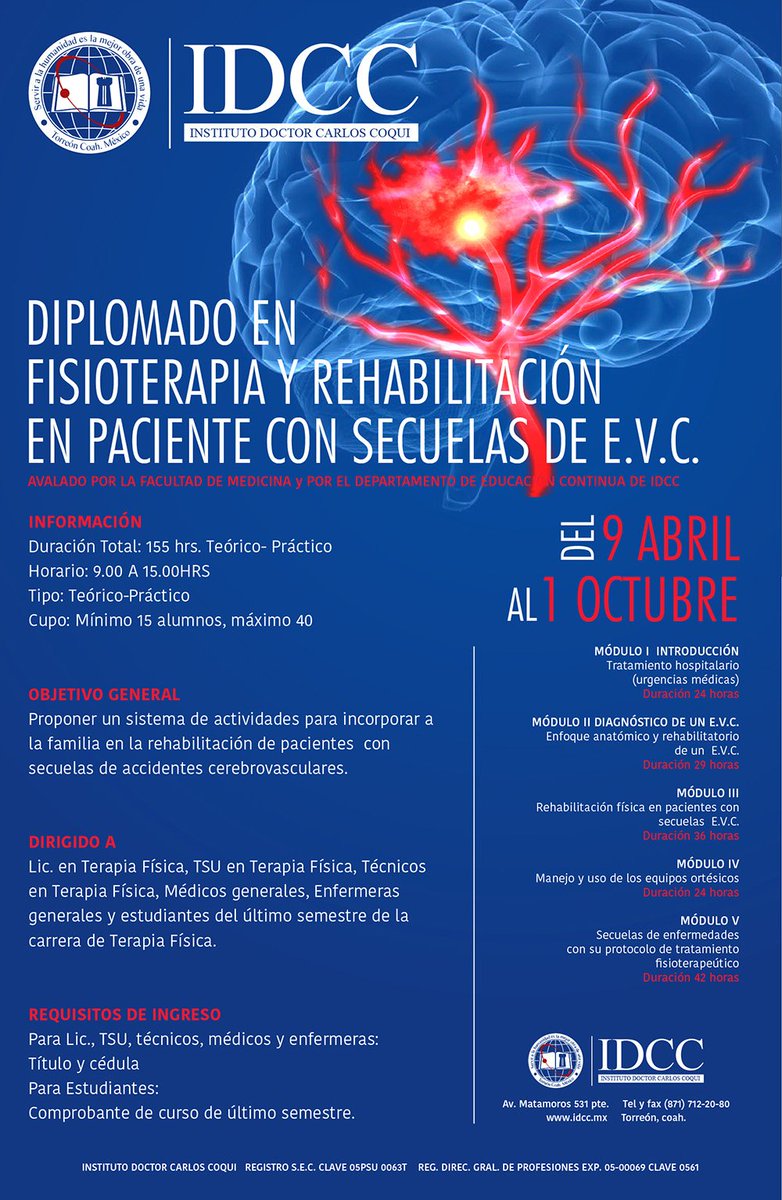 El 9 de abril iniciamos con el Diplomado en Fisioterapia y Rehabilitación  en Paciente con Secuelas de E.V.C., image size:782x1200