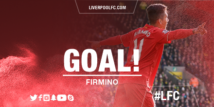LFC's tweet photo. 57: A great goal by Firmino, who slams beyond Hart after Lallana bulldozed through and set up the shot (3-0) #LFC https://t.co/usaI54Wh6l