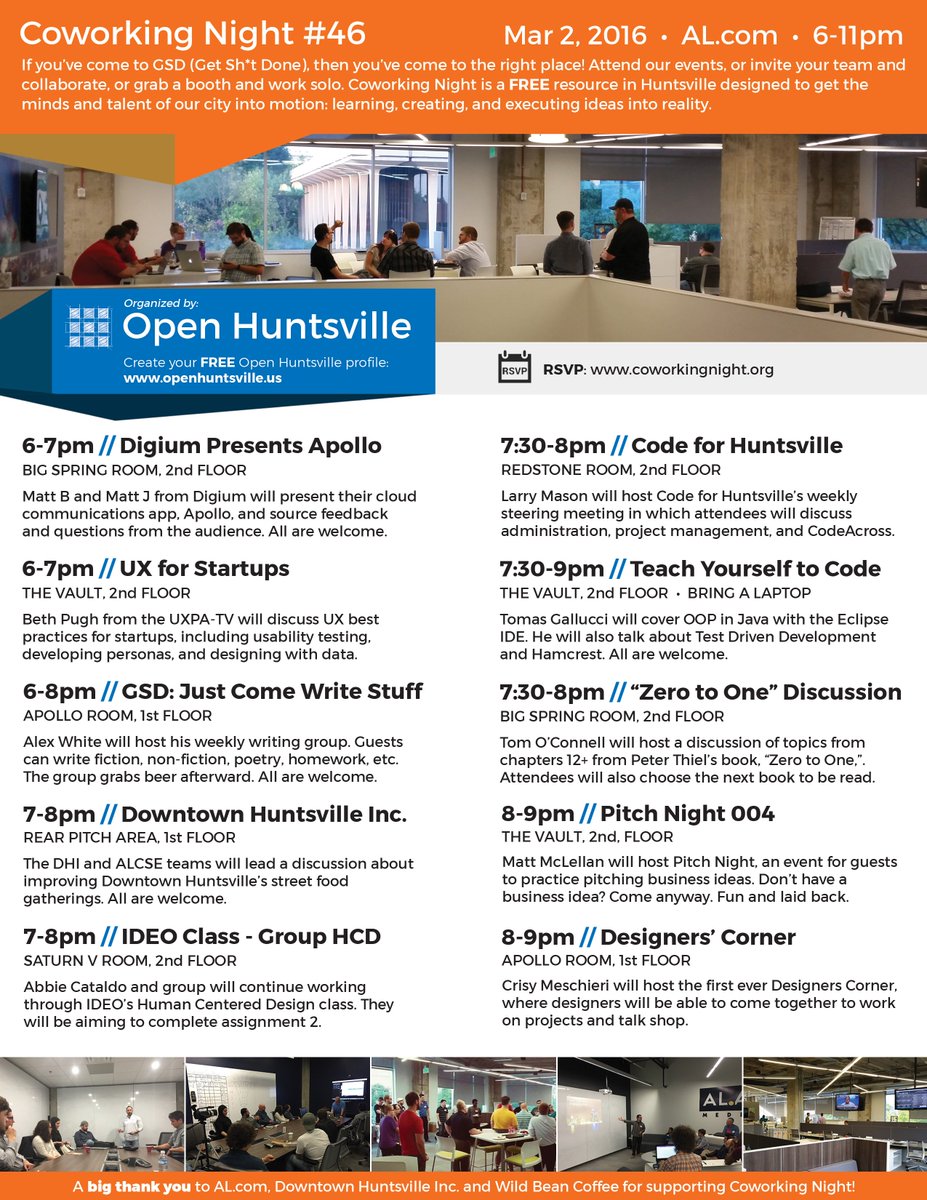 DowntownHSV's tweet image. Come &amp;amp; talk with us tonight (&amp;amp; have a drink) at @openHSV&apos;s co-working night.
