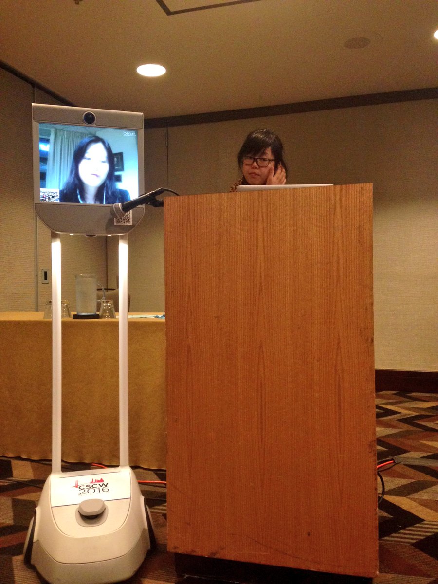 ACM_CSCW's tweet image. Heng Xu presenting on Privacy Nudges remotely via Beam as an experiment. #cscw2016