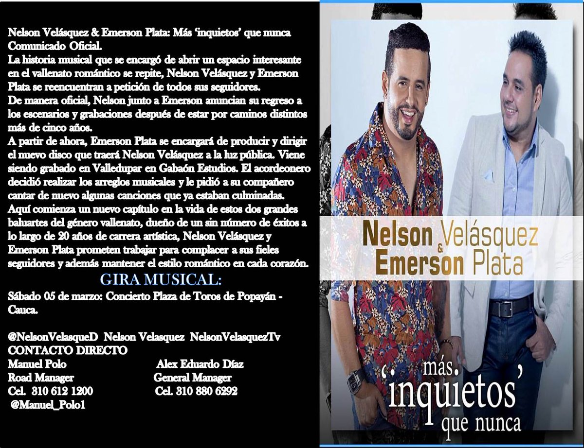 KarenFanNelsonV's tweet photo. @Tierravallenata @NelsonVelAsqued &amp; @EmersonPlata Más ‘inquietos’ que nunca (NuevoBoletinDePrensa) https://t.co/KXgvVCf7cp