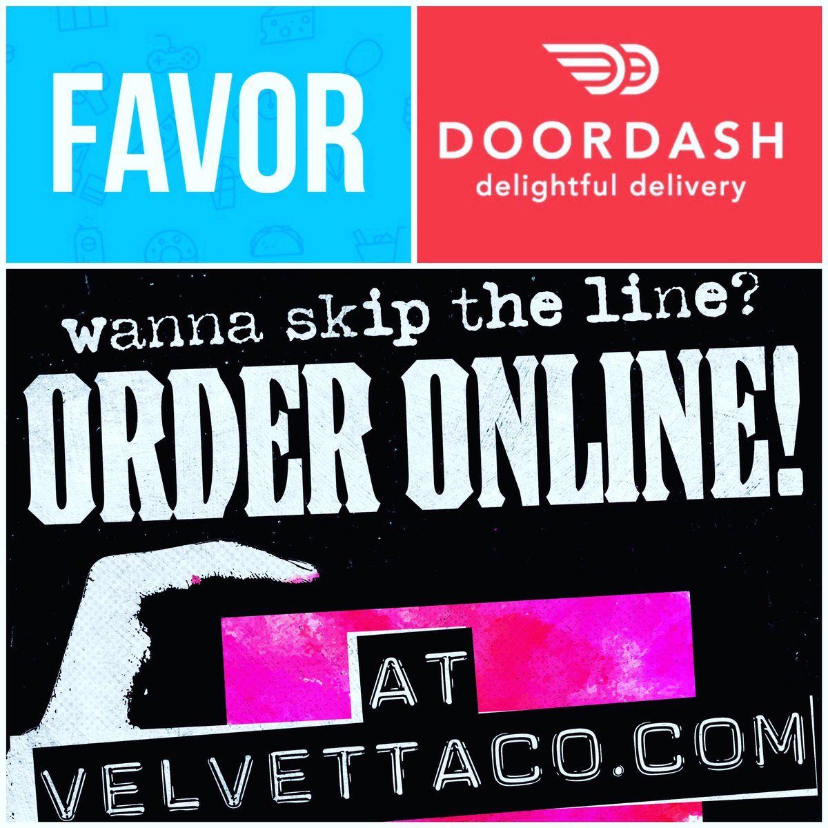 Quick. Easy. Convenient.
#OrderOnline #Favor #DoorDash #VelvetTaco #VTHtown