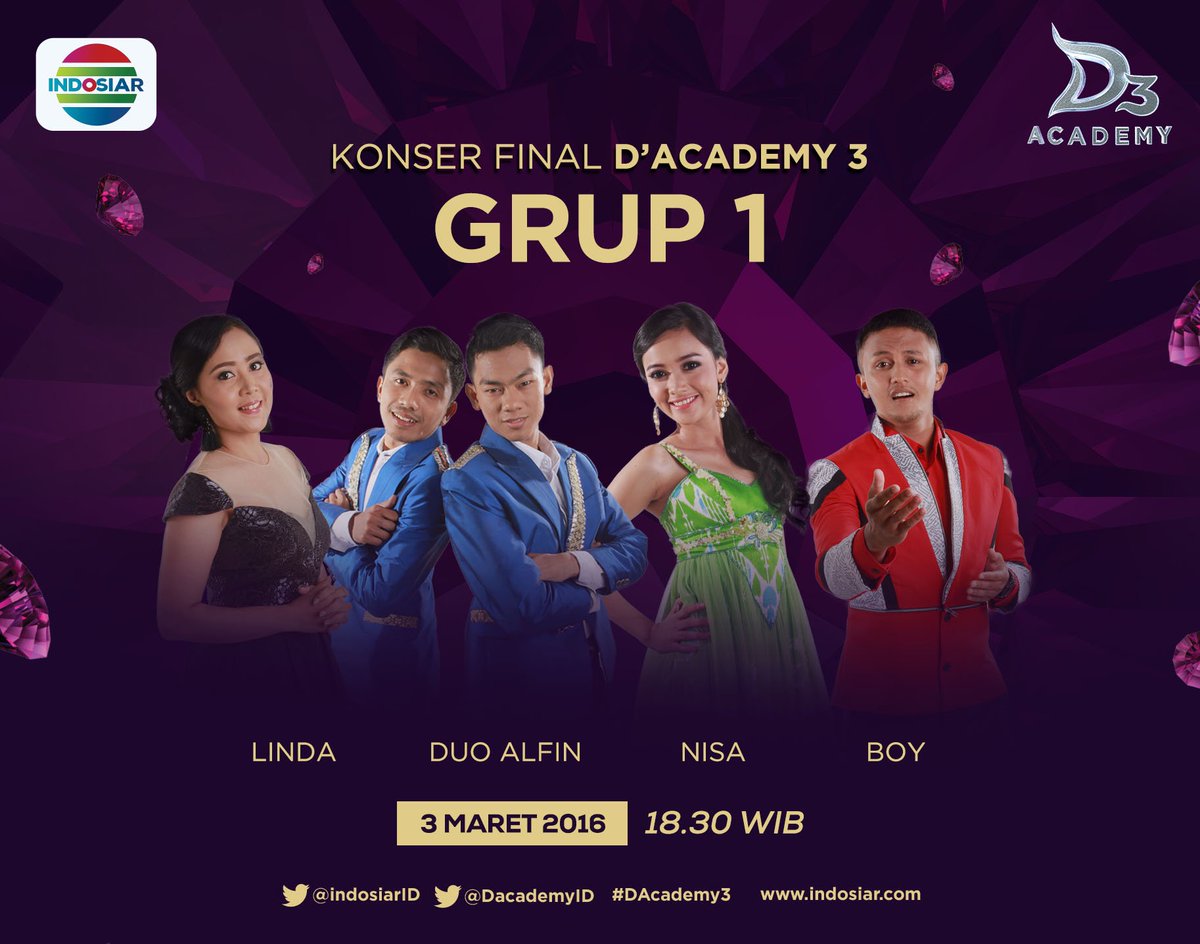 Konser Final Top 20 #DAcademy3 bersama <a href="/DA3_LINDA/">Linda #DAcademy3</a> @DA3_AlfinK @DA3_Alfien <a href="/Da3_Nisa/">DA3_NISA</a> dan <a href="/DA3_Boy/">Boy D'Academy 3</a> pkl 18.30 WIB