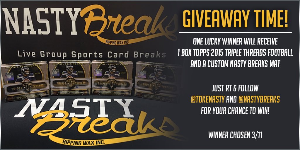 ToKeNasty's tweet photo. Here we go! RT &amp; follow me and @NastyBreaks for a chance to win a box of triple threads and a custom mat - ENDS 3/11 https://t.co/mqjTcWoNaO